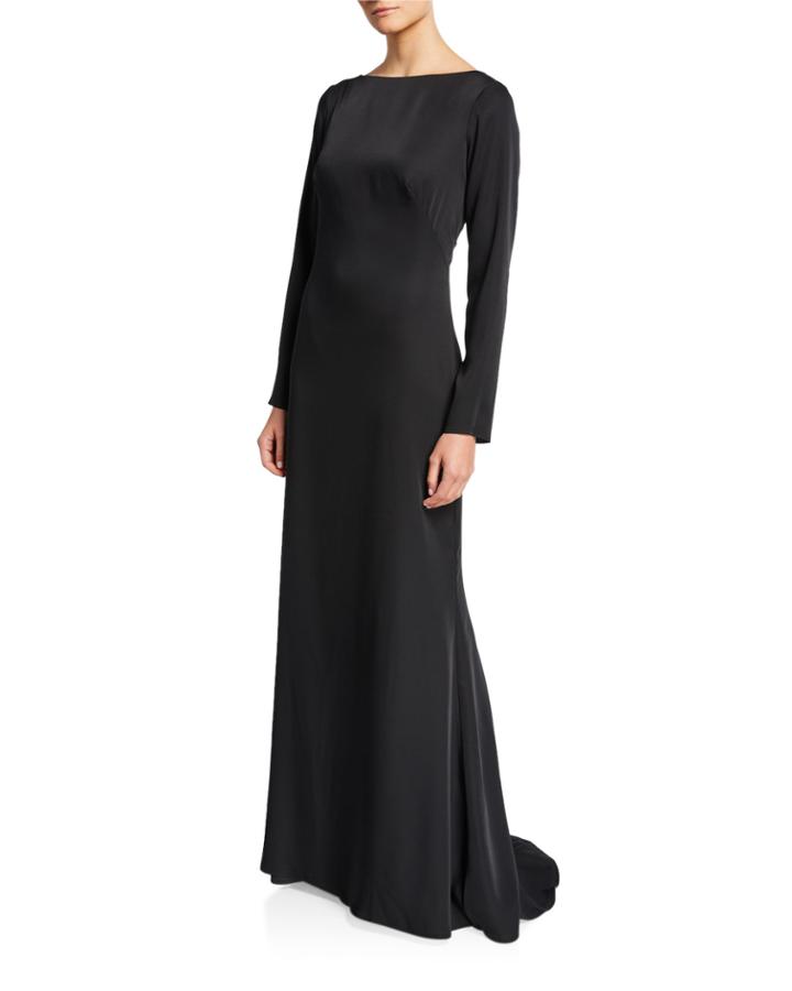 High-neck Illusion-back Long-sleeve Crepe Gown