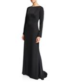 High-neck Illusion-back Long-sleeve Crepe Gown
