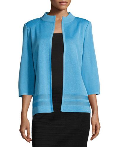 Stand-collar 3/4-sleeve Knit Jacket, Ocean