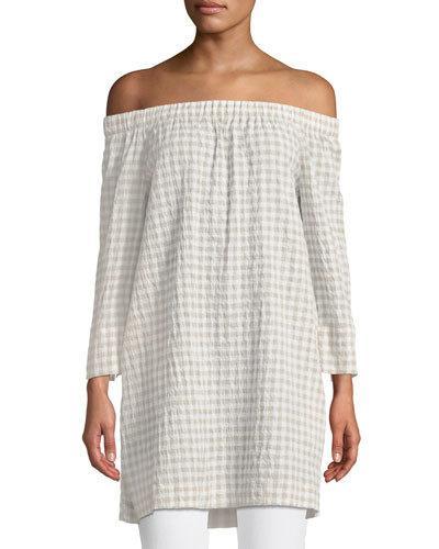 Off-the-shoulder Gingham Tunic, Beige