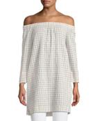 Off-the-shoulder Gingham Tunic, Beige
