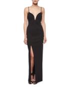 Sleeveless Plunging-neck Gown, Black