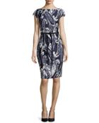 Paisley-print Jacquard Belted Dress, Navy