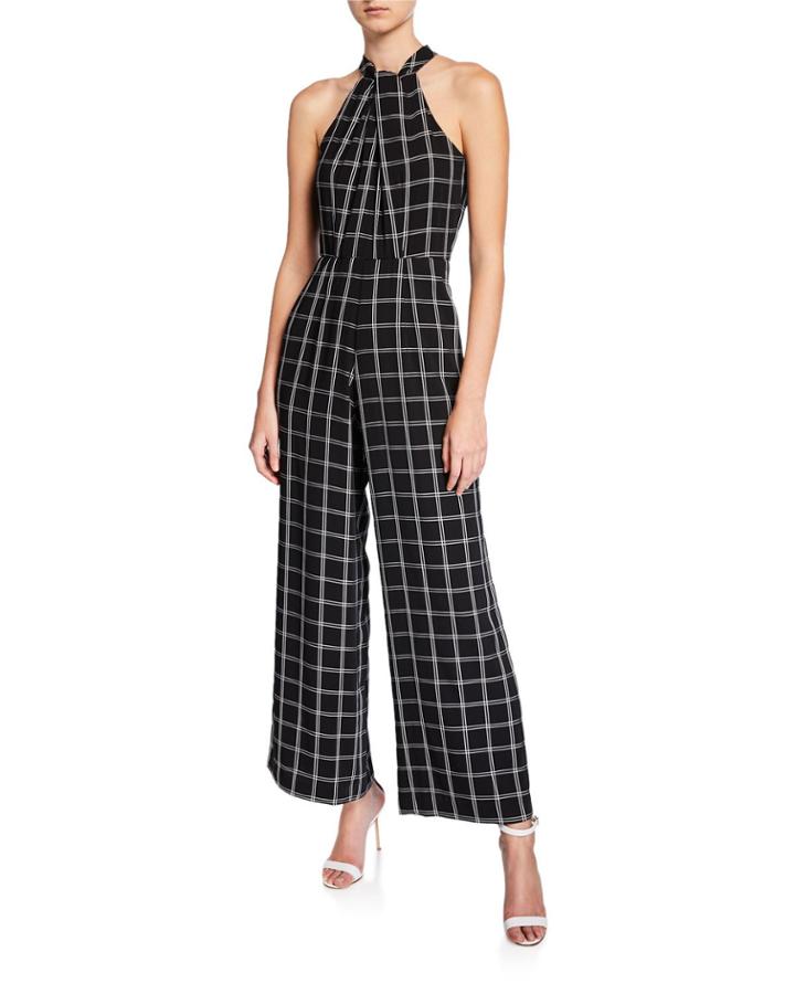 Wide-leg Halter Windowpane Jumpsuit