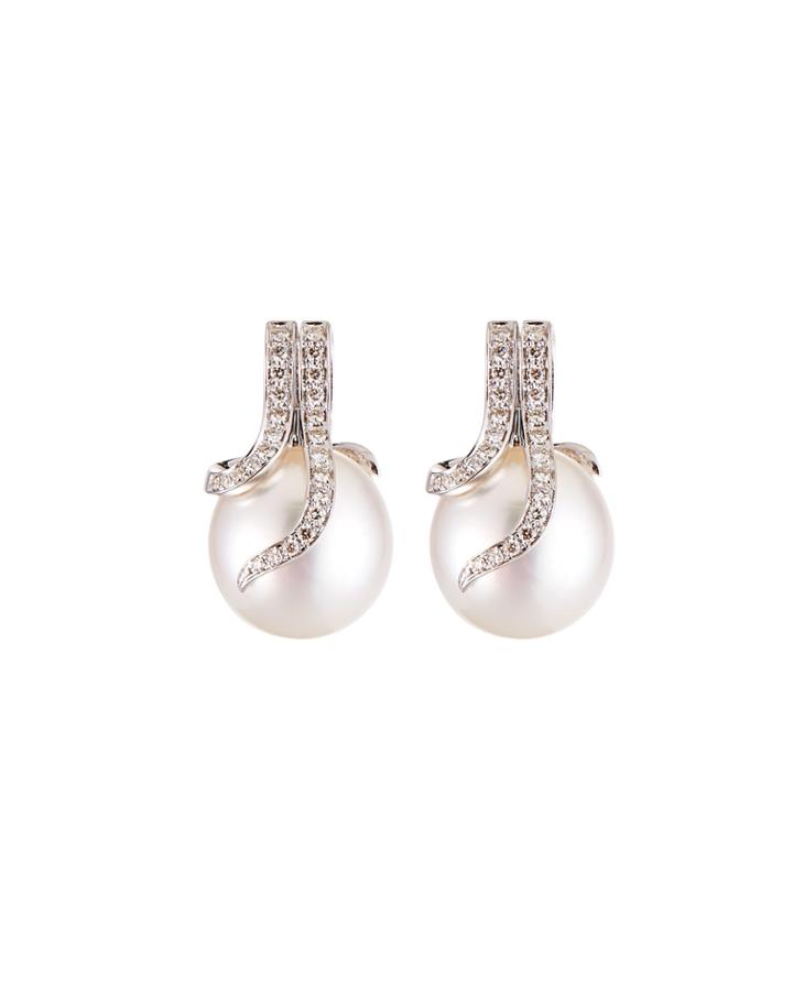 14k White Gold Diamond Pave Pearl Earrings, White