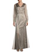 V-neck Satin Gown W/ Chiffon
