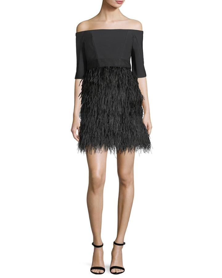 Tina Off-the-shoulder Tech Stretch Feather Cocktail Dress
