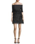 Tina Off-the-shoulder Tech Stretch Feather Cocktail Dress