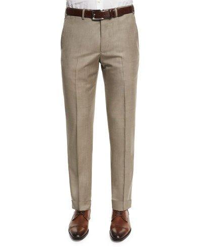 Flat-front Wool Trousers, Tan