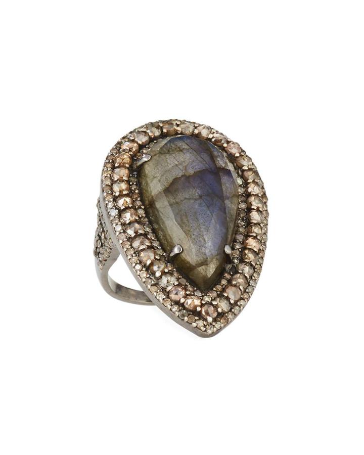 Labradorite & Diamond Pave Pear Ring,