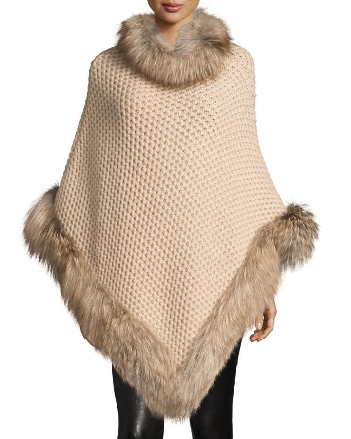 Seed-stitched Cashmere Fox-trim Poncho, Oatmeal