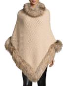 Seed-stitched Cashmere Fox-trim Poncho, Oatmeal