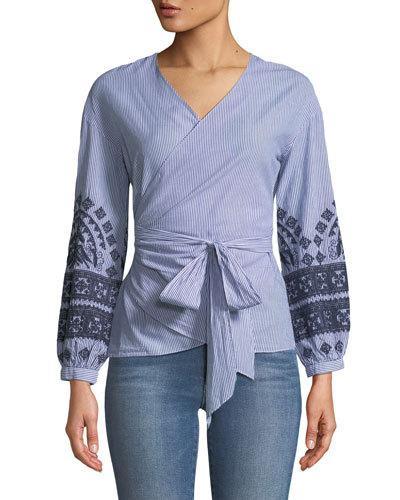 Embroidered Pinstriped Wrap Blouse