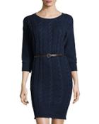 Reese Cable-knit Belted Sweater Dress, Indigo