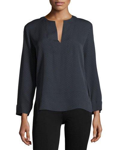Printed Silk Split-neck Popover Top, Blue