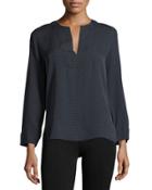 Printed Silk Split-neck Popover Top, Blue