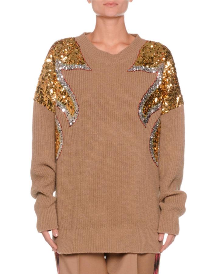 Crewneck Sequin-detail Ribbed Wool