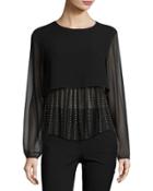 Long-sleeve Top W/ Pleated Hem, Black