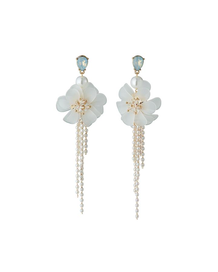 Floral Pearly Fringe Earrings, White