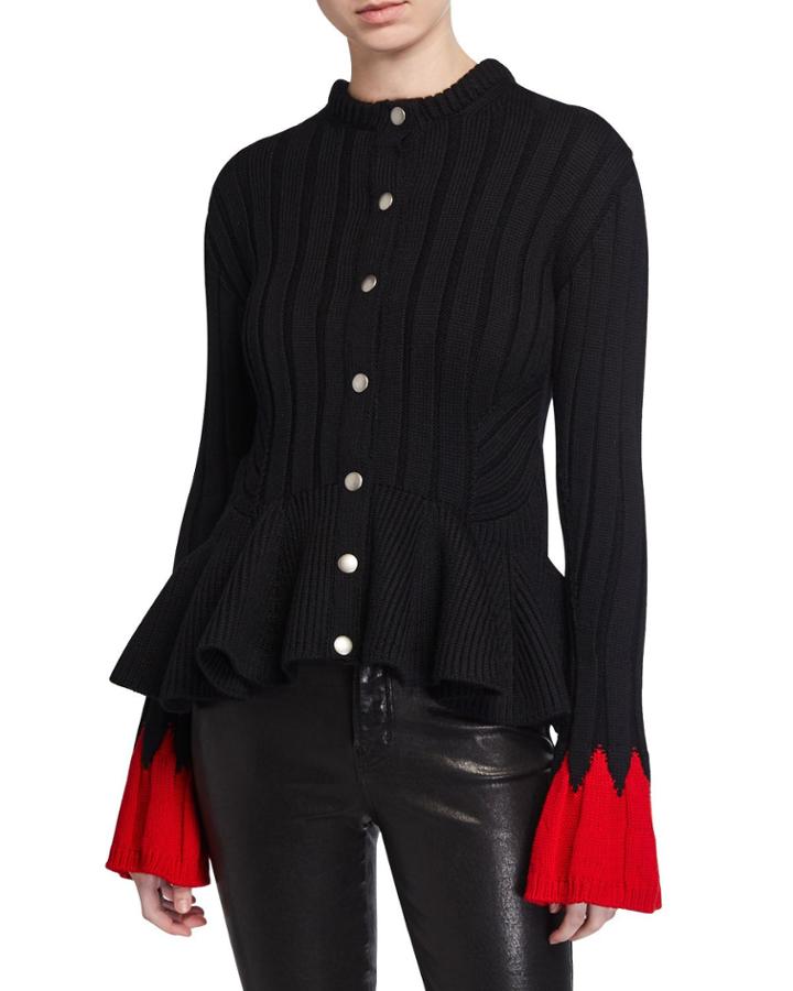 Snap-front Ribbed Wool-blend Sweater W/ Contrast Cuffs