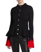 Snap-front Ribbed Wool-blend Sweater W/ Contrast Cuffs