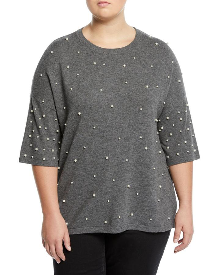 3/4-sleeve Pearly-trimmed Sweater -