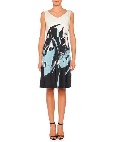 V-neck Brushstroke-print A-line Dress, Black