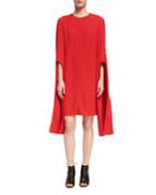 Cape-sleeve Viscose Shift Dress, Red