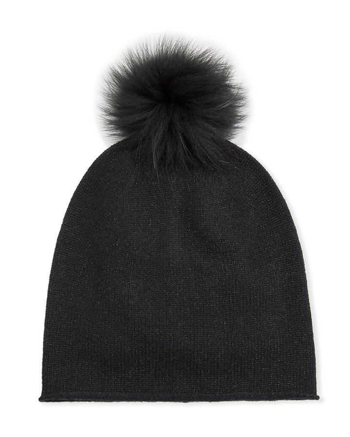 Metallic Slouch Beanie W/ Fur Pompom