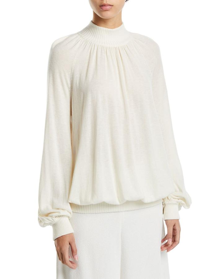 Cashmere Blouson-sleeve Mock-neck