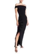 Banded Off-the-shoulder Side Drape Column Gown With