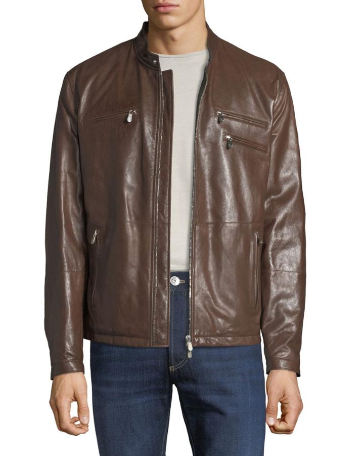 Men's Leather Bomber Jacket W/ Zip Pockets, Brown