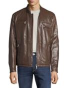Men's Leather Bomber Jacket W/ Zip Pockets, Brown