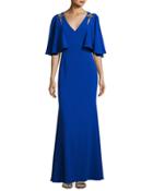 Cape-sleeve Embellished Stretch Crepe Gown, Blue