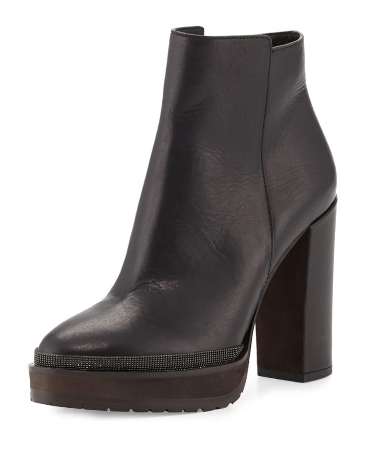 Leather Monili-trimmed Ankle Boot, Black
