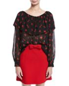 Cherry-print Georgette Off-shoulder Top