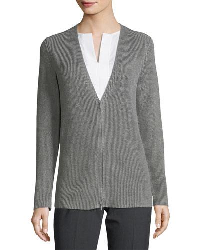 Zip-front Long-sleeve Ribbed Cardigan