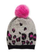 Leopard Intarsia Beanie Hat W/ Pompom