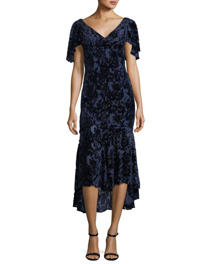 Velvet Devore V-neck Cape-sleeve Cocktail Dress