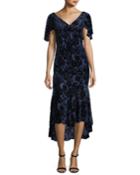 Velvet Devore V-neck Cape-sleeve Cocktail Dress