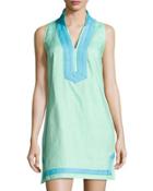 Contrast-trim Linen Tunic Dress, Green