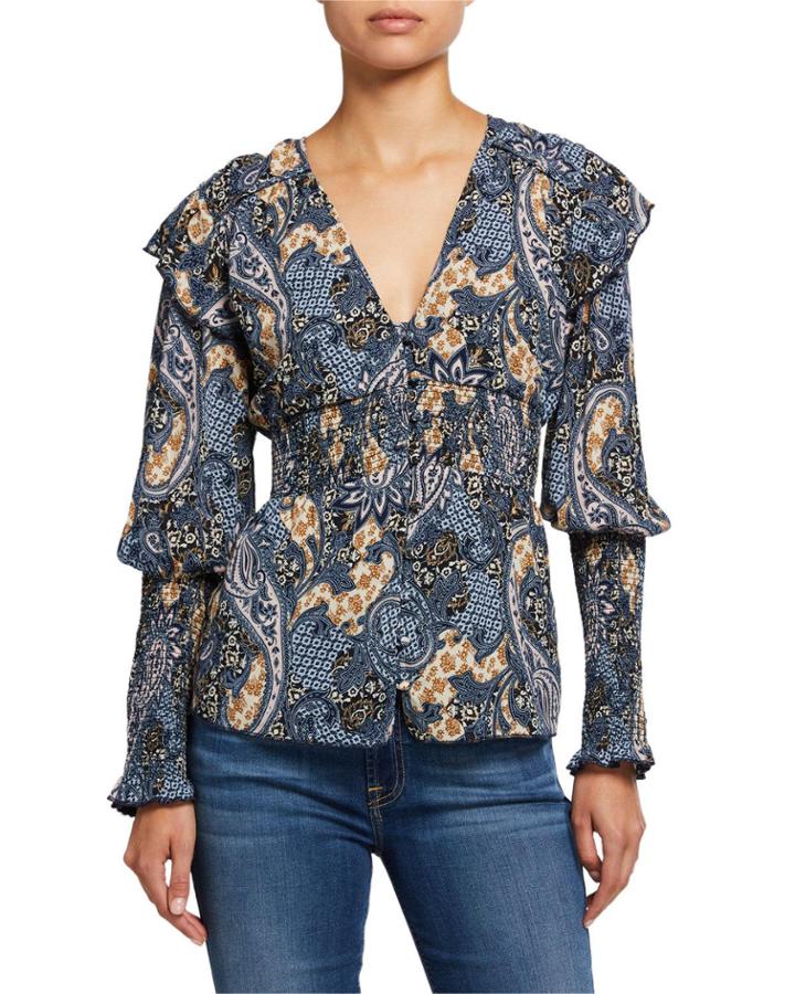 Kylie Paisley-print Smocked Ruffle Top
