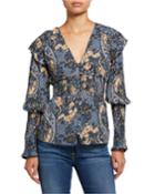 Kylie Paisley-print Smocked Ruffle Top