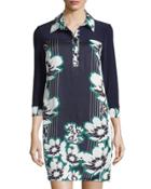 Floral 3/4-sleeve Shirtdress, Pepper Green