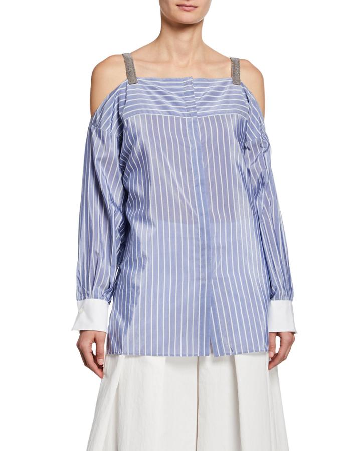Cold-shoulder Striped-silk Tunic