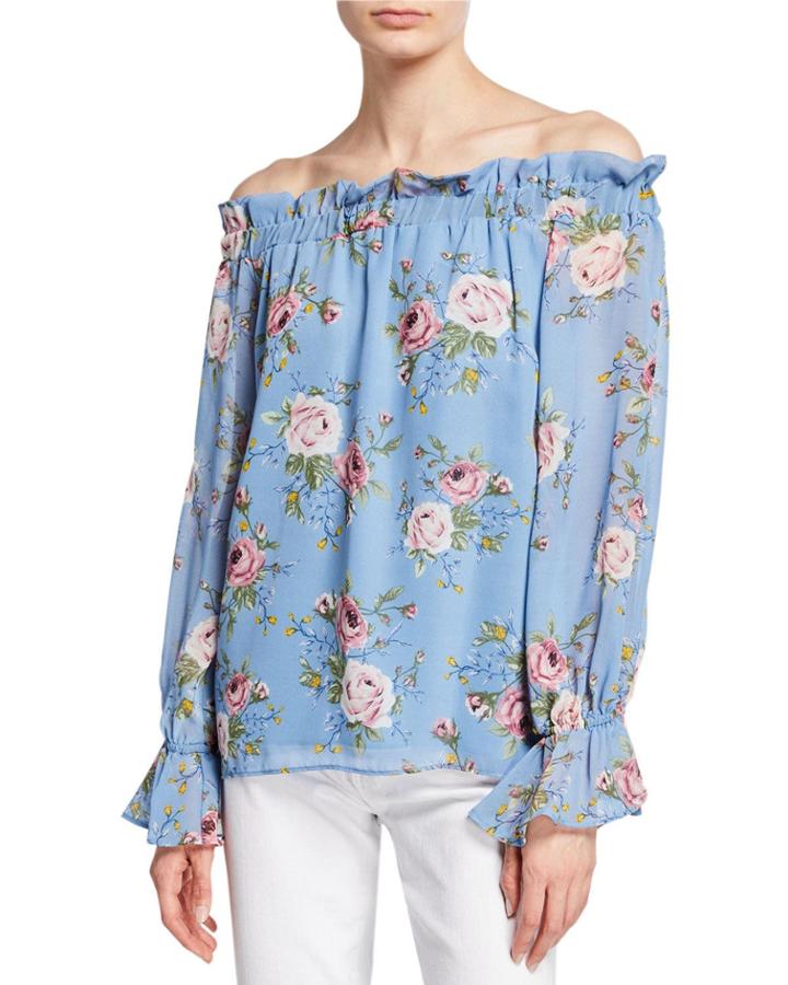 Floral Off-the-shoulder Ruffle Blouse, Blue