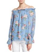 Floral Off-the-shoulder Ruffle Blouse, Blue