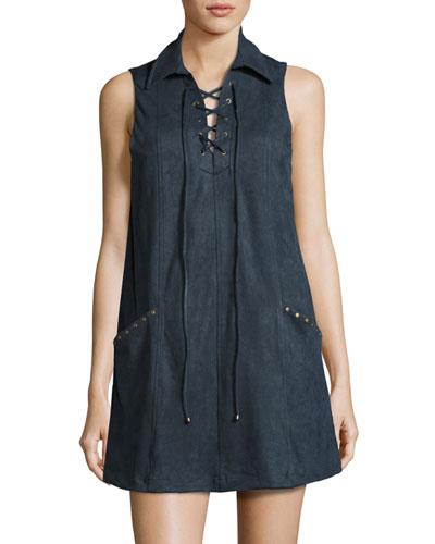 Lace-up Faux-suede Dress, Teal
