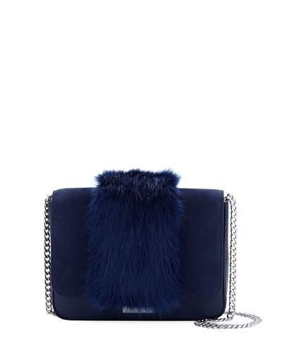 Suede Leather Crossbody Bag With Faux Fur Trim