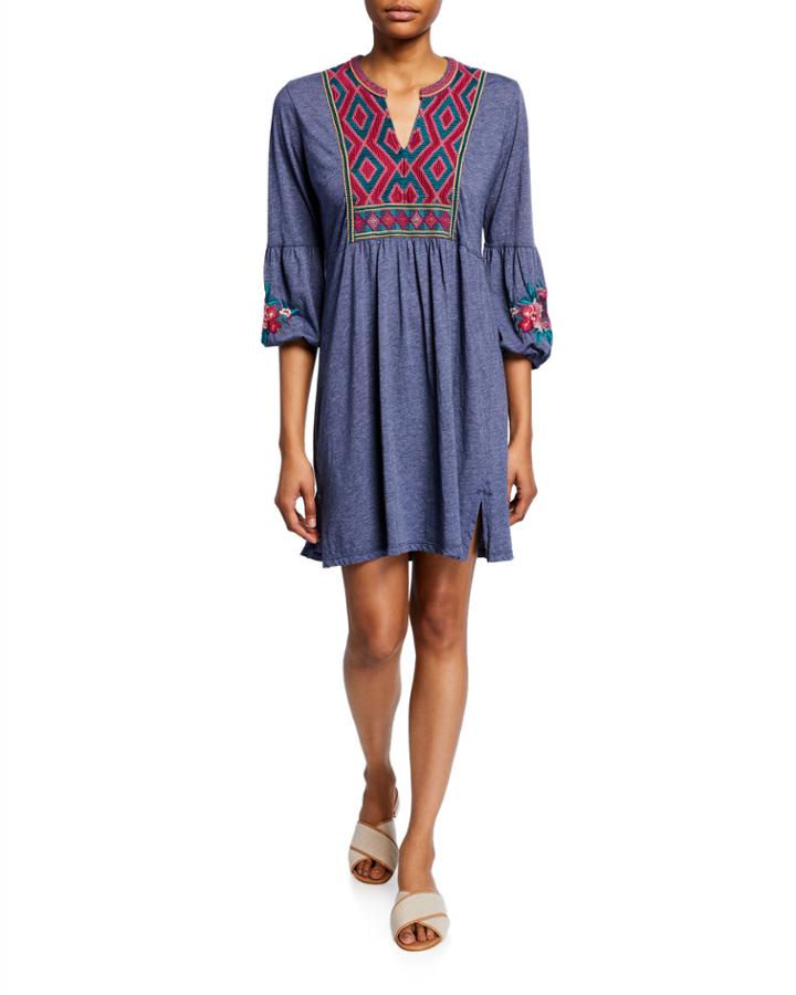 Annaliese Bishop-sleeve Embroidered Peasant Dress
